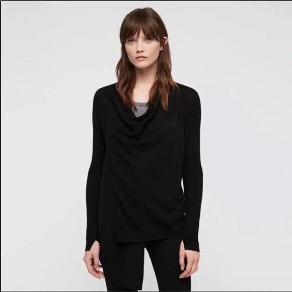 Allsaints Womens black Drina Asymmetrical Drape merino wool knit Jacket sz Small - Picture 3 of 12